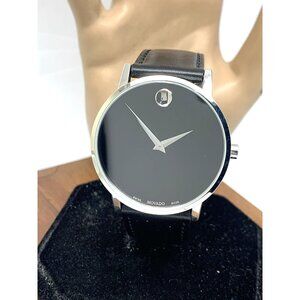 Movado Men's Watch 0607269 Swiss Quartz Silver Museum Black Dial Leather Strap